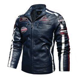 Men's Leather Jacket Men Motorcycle Fashion Fleece Bomber Jacket Male Embroidery Bomber Coat Winter Autumn Pu Overcoat 211009