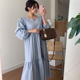-Vestidos informales 2021 Corea Francesa elegante collar cuadrada expuesta collarbone flojo linterna manga y2k para mujeres vestido bodycon