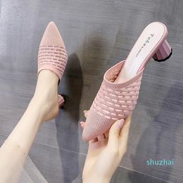 Dress Shoes Fashion Women Sandals Summer Party Round Heel Stiletto Casual Pointed Toe Gladiator Stretch Fabric