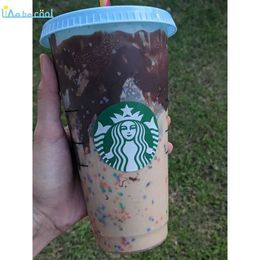 Stock Starbucks color changing cold cup with lid and straw confetti reusable plastic cup or set, fluid ounces livebecool