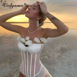 Colysmo Mesh Corset Top Cut out White Patchwork Lace up Slim Fit See Through Bustier Strapless Crop Cami Women Sexy Party Wear 210527