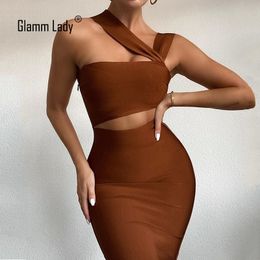 Glamm Lady Midi Casual Bandage Dress For Women Party Bodycon Sexy Dress Strapless Autumn Dresses Elegant Hollow Out Vestidos 210306