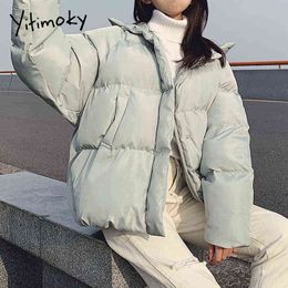 Yitimoky Hoodie Short Jacket Woman Winter Beige Cotton Hood Collar Coat Warm Parkas Korean Fashion Outwear Female Clothing 211130