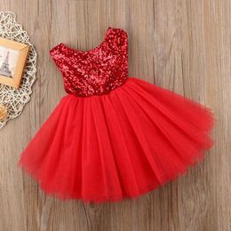 Fashion Red Girl Christmas Dress Backless Sequins Mesh Sleeveless Flower Girl Dresses Summer Clothes Child Dresses Q0716