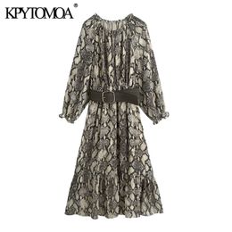 KPYTOMOA Women Chic Fashion With Belt Snake Print Ruffled Midi Dress Vintage Long Sleeve Elastic Waist Female Dresses Mujer 210303