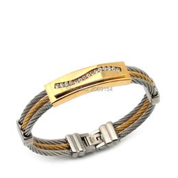 Titanium Steel Jewelry Energy Bracelet Stainless Steel Man Czech Drill Gold Bangle Charm Vintage Wristband Trendy Q0717