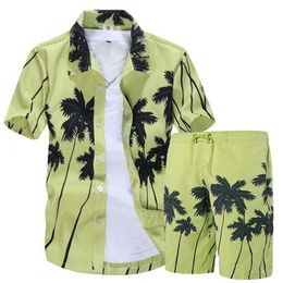 Hawaiian Shirts Sets Men Brand Quick-drying Floral Shirts + Printed Beach Shorts Two-piece Male Short Sleeve Tracksuit Mens Suit Y0831
