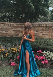 Stunning Blue Colour Long Sleeveless Prom Dress Sexy Side Slit Satin Event Wear Party Gown Custom Made Plus Size Available