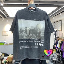 Rhude Horse T-shirt Men Women High Quality Vintage Rhude Tee Make Old Washed Oversize Short Sleeve Lulusup