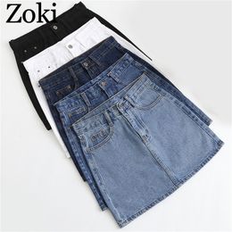 Zoki Sexy Women Denim Mini Skirt Fashion Summer High Waist Korean Black Skirt Blue Package Hip Jeans Harajuku Plus Size Cotton 210310