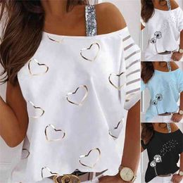 Summer Women Sequined Floral Shirt Sexy Plus Size Fashion Loose Off Shoulder Casual Round Neck Short Sleeve Top Streewear 210720