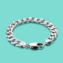 12mm 925 Round Curb Cuban Chain Bracelet Sterling Silver Jewelry Men's Gift 7-7.9 '' catena