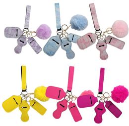 Party Favour 11 Colours 5pcs Keychain Set Pompom Wrist strap Neoprene Lipstick Keychains Silver Keyring For Woman Men Keyrings SN4156