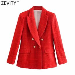 Zevity Women England Style Double Breasted Texture Tweed Woollen Blazer Coat Office Ladies Long Sleeve Red Suits Chic Tops CT696 210603