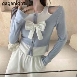 Long Sleeve Casual T-shirts Women O-Neck Button Up Crop Tops Fashion Bow Tie Cadigans Spring Summer Tee 210601