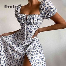 Glamm Lady Floral Print Casual Midi Sexy Party Dresses For Womens Strapless Autumn Summer Club Bodycon Puff Vestidos 210623