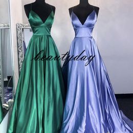 Emerald Green Prom Dresses 2021 A Line Spaghetti Straps Formal Evening Party Wear Pageant Gowns Middle East Backless Elastic Satin