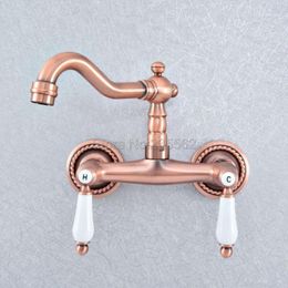 wall mounted basins Canada - Antique Red Copper Bathroom Faucet Wall Mounted Basin 360 Degree Swivel Double Handle Cold Water Mixer Tap Lsf884 Sink Faucets1