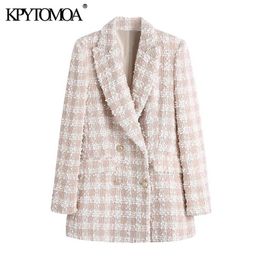 KPYTOMOA Women Fashion Tweed Double Breasted Blazer Coat Vintage Long Sleeve Flap Pockets Female Outerwear Chic Veste Femme 211019