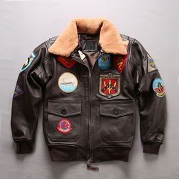 Men Leather Pilot Jacket Plus Size Wool Collar Cowhide American Army Leather Pilot Coat