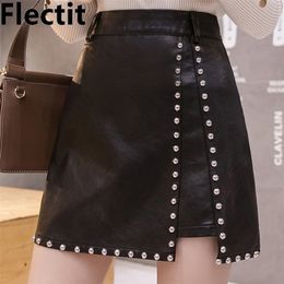 Flectit Womens Faxu Leather Studded Mini Skirt High Waisted A-Line Black Rivets Skirt Cool Punk Style * 210310