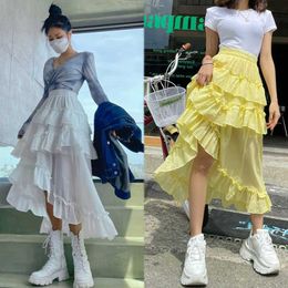 Korean Chic Slim Fashion White High Waist Irregular Ruffle Layer Cake Skirts Women Faldas Mujer Moda Temperament Yellow Wild 210610