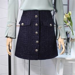 Flectit Fall Winter Plaid Wool Skirt Womens Royal Button Pocket Front Plus Size Glitter Tweed Mini Skirt Saia Feminina 210310