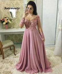 Graceful Chiffon Masquerade Pink Dresses Prom Long Sleeves O Neck Lace Appliques Beaded Prom Gowns Customized Women Formal Dress