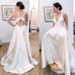 Simple Satin Wedding Bridal Dresses Gown V Neck Criss Cross Straps Hollow Back Bow Sweep Train A Line Beach Vestido De Novia Custom Made 403 403