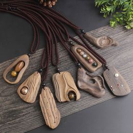 Vintage Sandalwood Natural Stone Pendant Necklace for Women Girl Fashion Adjustable Long Sweater Chain Jewelry Gift Souvenir