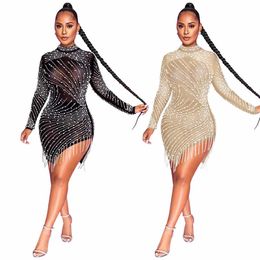 Woman Dress Sexy Perspective Mesh Diamond Bubble Beads Dress for Night Club Tassel O-neck Long Sleeve Dresses for Summer Women 210712