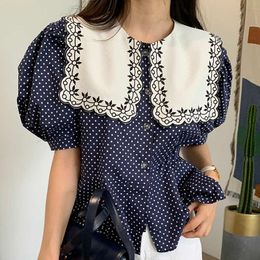 Summer Chic Retro Contrast Peter Pan Collar Tops Single-breasted Loose Puff Sleeve Polka-dot Shirts Women Patchwork Blusas 210610