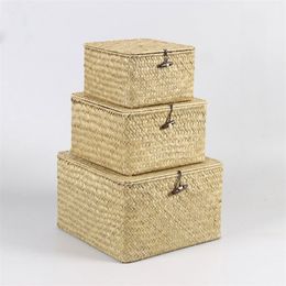 Handmade Rattan Storage Box With Lid Hand-woven Jewelry Box Wicker Makeup Organizer Food Container Storage Boxes Bins 210315