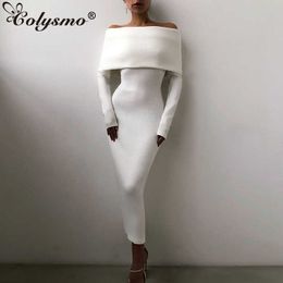 Colysmo Long Sleeve White Dress off Shoulder Solid Colour Slim Fit Maxi Woman Elegant Party Robe Ladies Fashion Vestidos 210527