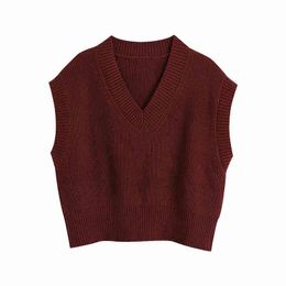 Evfer Women Autumn Casual V-Neck Red Za Short Sweaters Female Elegant Sleeveless Knitted Pullover Vest New Sprint Girls Jumpers Y1110