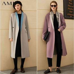 Minimalism Fahion Winter Coat Women Causal Patchwork Lapel Loose Double-sided Woollen Female 12060105 210527