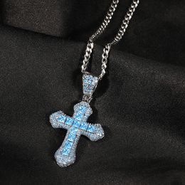 Bling New Charm Iced Out Product Blue Zircon Cross Pendant Necklace Hip Hop Fashion Diamond Jewelry All-match Sweater Chain Gifts for Women and Men