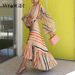 WQJGR Irregular Top 2 Piece Set Women Stripe Splicing Translucent Lantern Long Sleeve O Neck Tops and Skirts Fashion 220302