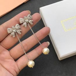 Luxury Brand 925 Sterling Silver Crystal Bowknot Pearl tassel Stud Earrings for Women Lady elegant crystal Eardrop Jewellery Gift