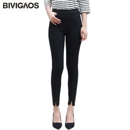 BIVIGAOS Women's High Waist Front Split Black Leggings Spring Autumn Woven Casual Legging Trousers Slim Skinny Pencil Pants 211221