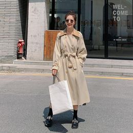 Fashion Korean Style Double Breasted Loose Female Lapel Neck Long Coat Women Oversized Trench Clothing Retro Frock Windbreaker