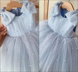 Baby Blue Pearls Party Communion Dresses Little Girls Tulle Bow Draped Zipper Flower Girl Dress Wedding Graduation Dress Toddlers Long Fomra