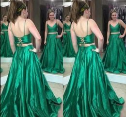 Green Prom Dresses Two Piece Lace Up Back Spaghetti Straps Sweep Train Satin Custom Made Formal Evening Party Wear Vestidos 403
