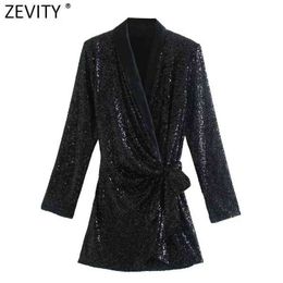 ZEVITY New Women Elegant Patcdhwork Lace Up Sequined Slim Mini Dress Office Lady Chic Long Sleeve Kimono Party Vestidos DS9209 Y1204