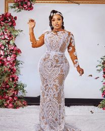 2023 Plus Size White Lace Mermaid Wedding Dresses with detachable train Long Sleeves Beaded african Bridal Gowns Sweep Train robe 265j