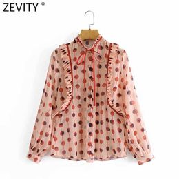 Zevity Women Sweet Press Pleated Bow Tied Chiffon Shirts Lady Polka Dot Print Striped Blouse Roupas Chic Ruffles Tops LS9039 210603