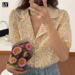 LY VAREY LIN Summer Women Casual Turn-down Collar Floral Short Shirts Tops Sweet Single Breasted Puff Sleeve Loose 210526