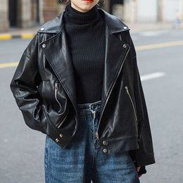 Korean High Street Short Leather Moto Jacket Black Loose Women Outerwear Warm PU Coat Winter Streetwear Female Fashion Tops 210604