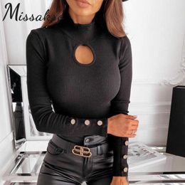 Missakso Sexy Turtleneck Ribbed Top Hollow Out Streetwear Long Sleeve Fashion Spring Autumn Black White Women Knitted Shirt 210625