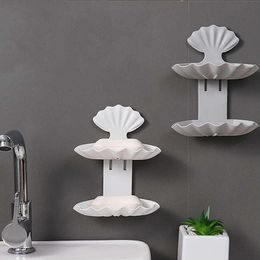 Creative Bath Tools Punch Free Soap Dishes Single and Double Layers Seashell Design Bathroom Accessories White Grey Color